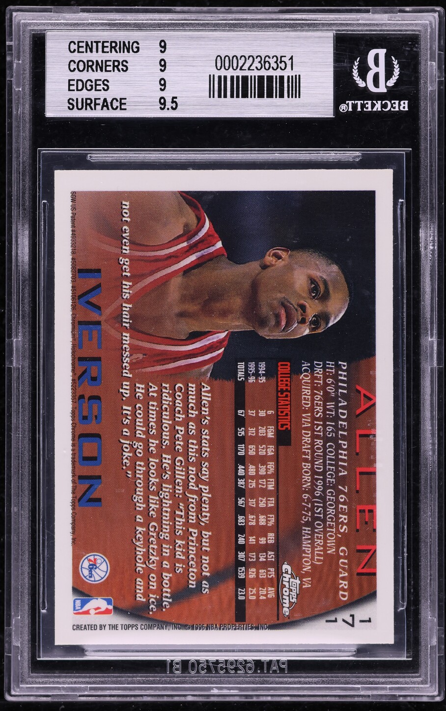 1996 Topps Chrome Allen Iverson ROOKIE #171 BGS 9 MINT