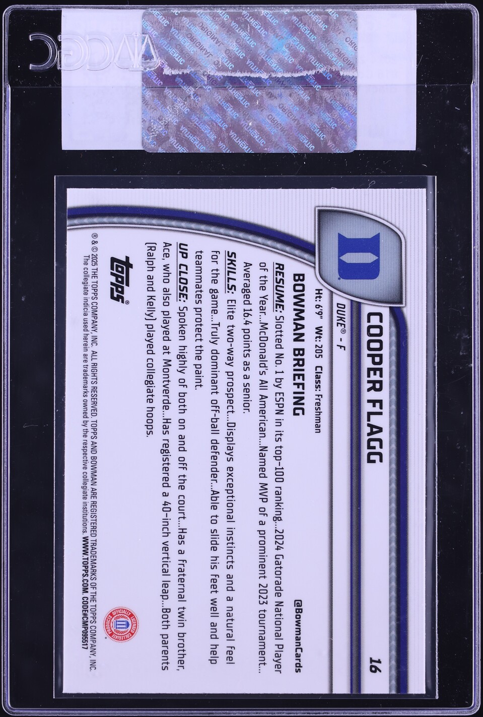 2024 Bowman Chrome U Black Wave Refractor Cooper Flagg ROOKIE #16 CGC AUTH