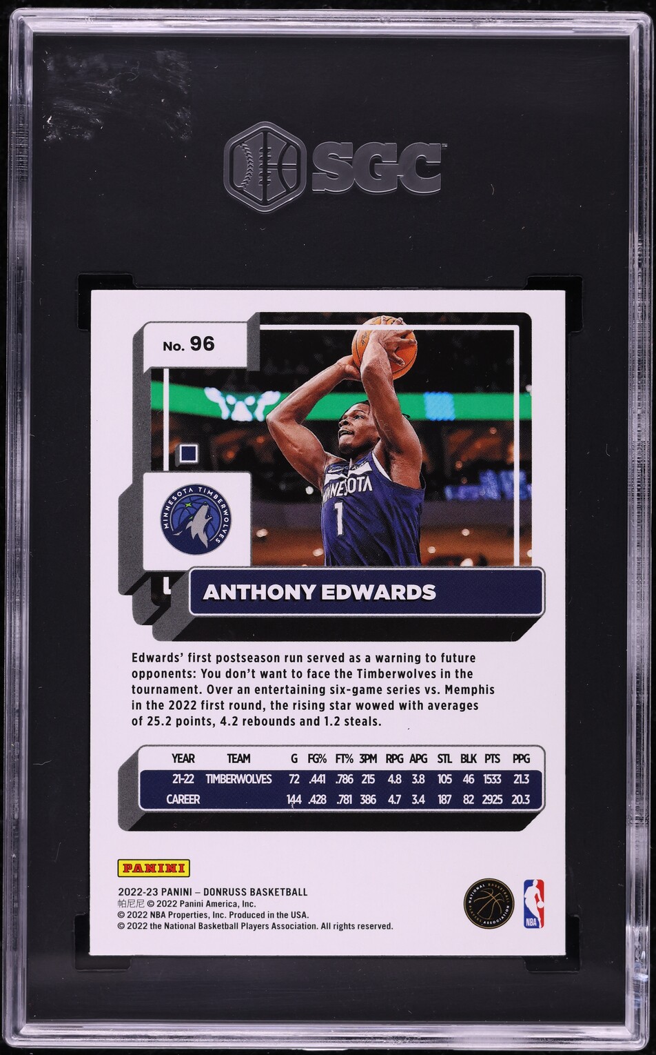 2022 Donruss Holo Green Laser Anthony Edwards #96 SGC 9.5 MINT+
