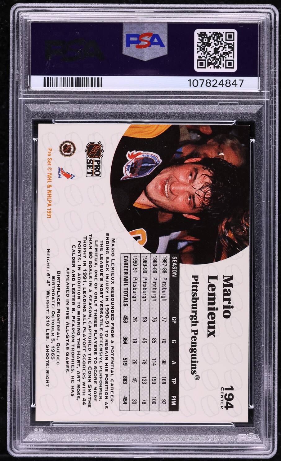 1991 Pro Set Hockey Mario Lemieux #194 PSA 8 NM-MT