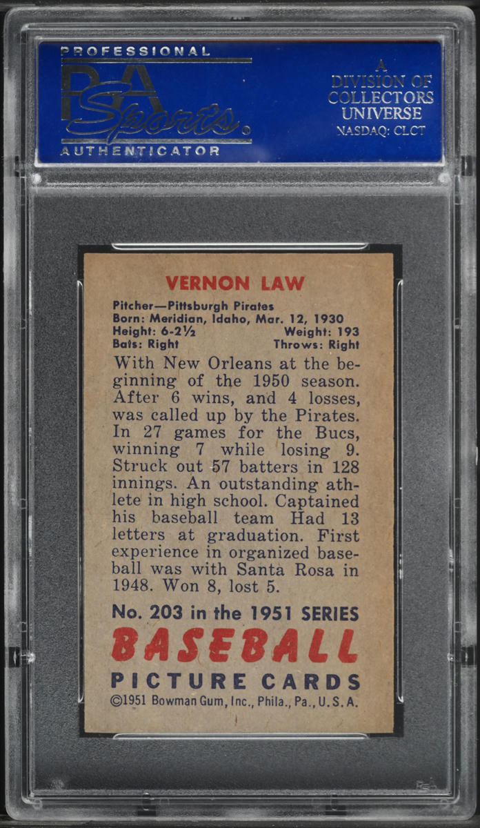 1951 Bowman Vernon Law #203 PSA 8 NM-MT