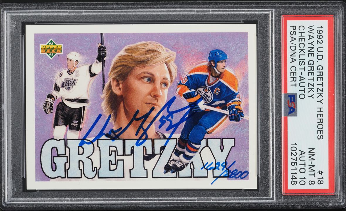 1992 Upper Deck Gretzky Heroes Checklist Wayne Gretzky AUTO DNA 10 #18 PSA 8