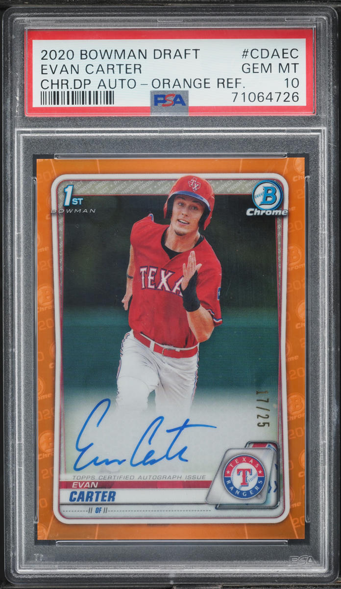 2020 Bowman Chrome Orange Refractor Evan Carter AUTO /25 #CDA-EC PSA 10 GEM MINT