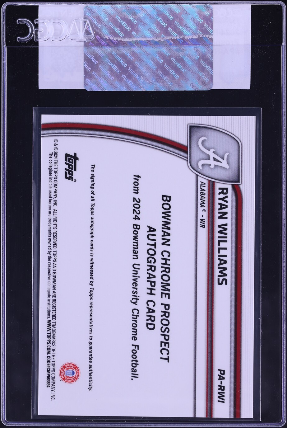 2024 Bowman Chrome University Ryan Williams ROOKIE AUTO #PA-RWI CGC AUTH