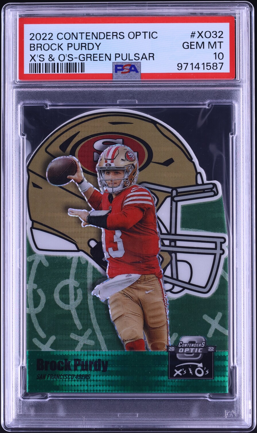 2022 Panini Contenders Optic X'S & O'S Green Pulsar Brock Purdy RC /30 PSA 10