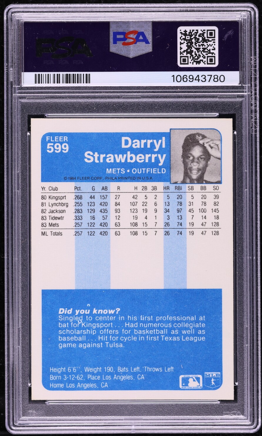 1984 Fleer Darryl Strawberry ROOKIE #599 PSA 10 GEM MINT on