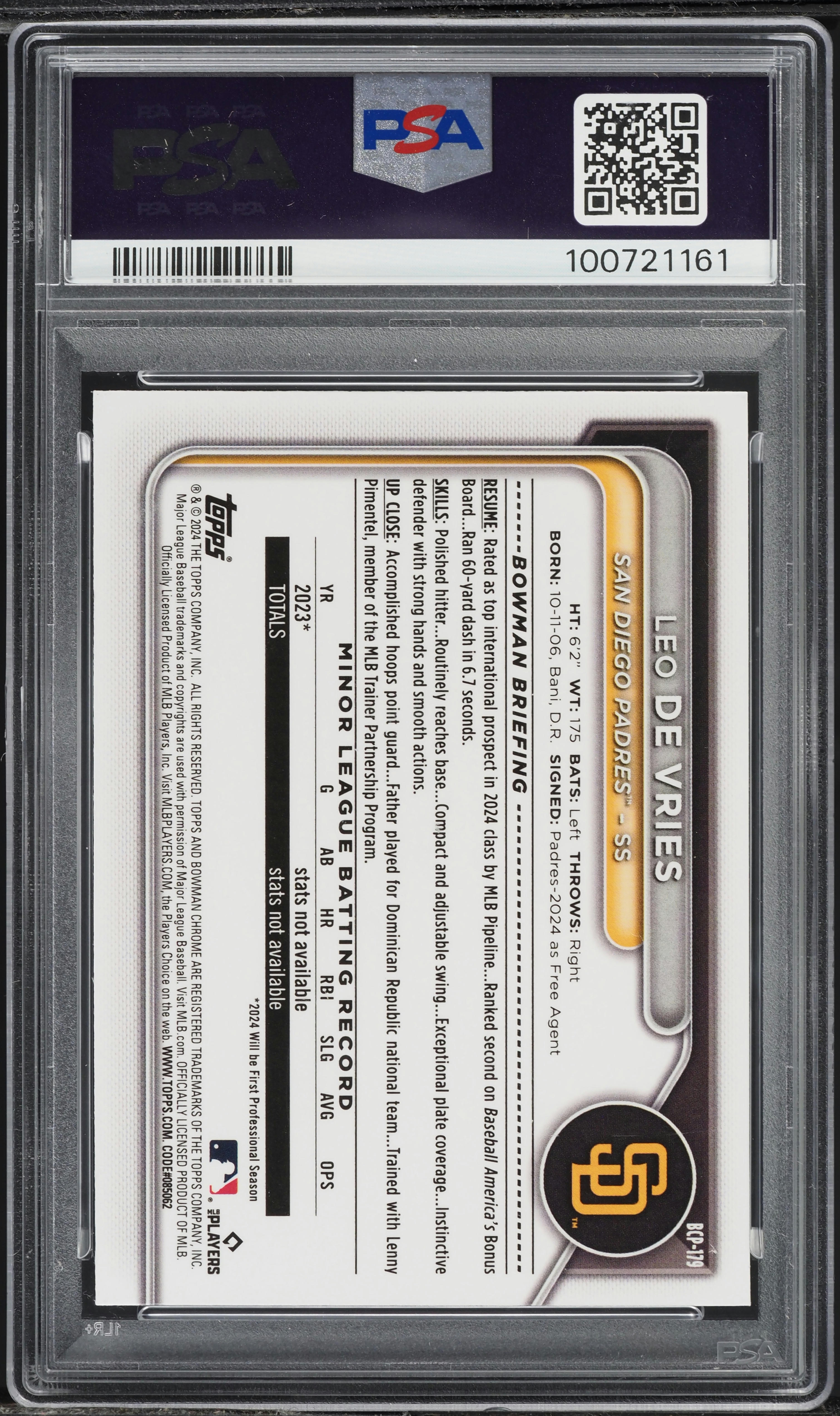 2024 Bowman Chrome Purple Refractor Leo De Vries PROSPECT /250