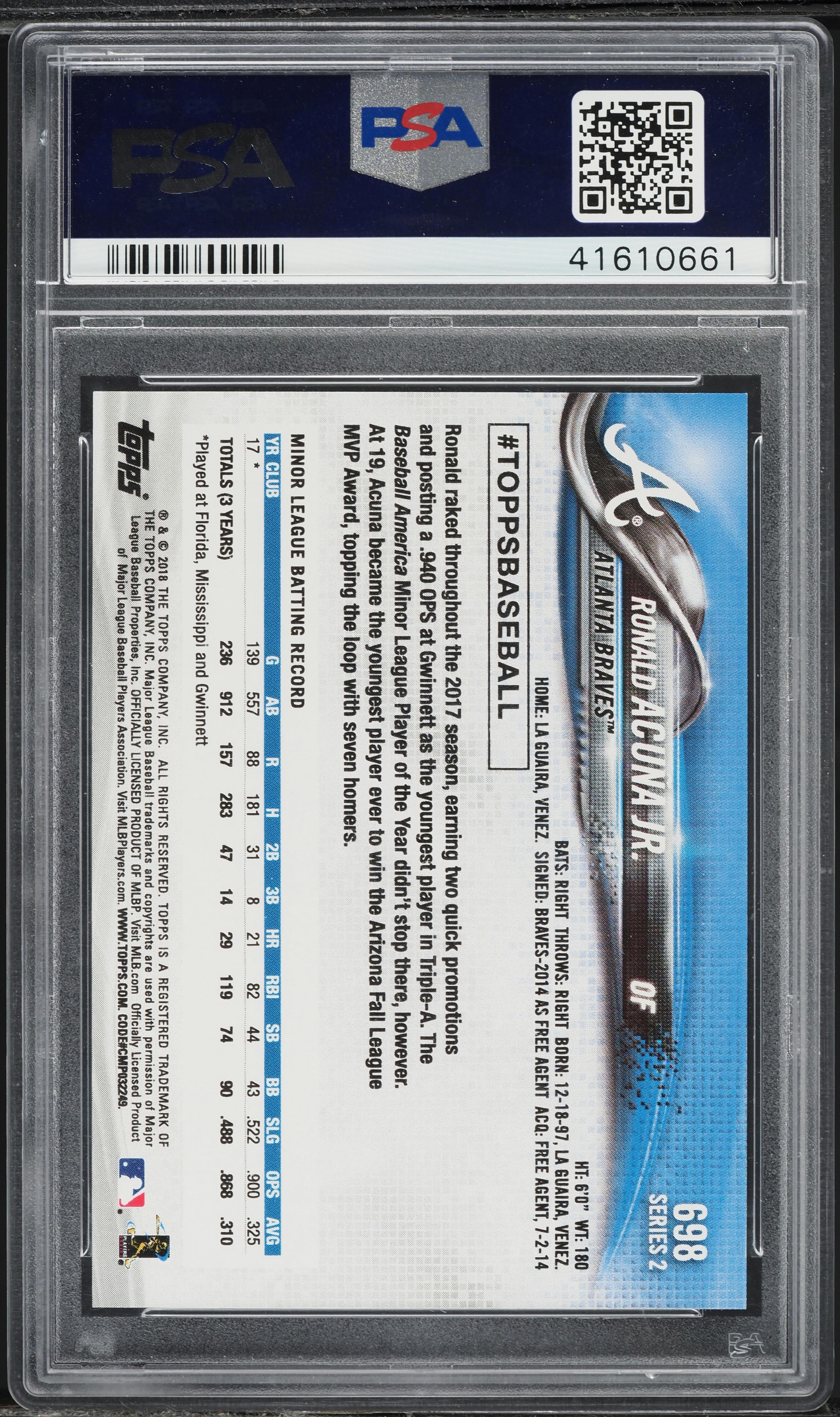 2018 Topps Ronald Acuna Jr. ROOKIE #698 PSA 10 GEM MINT on