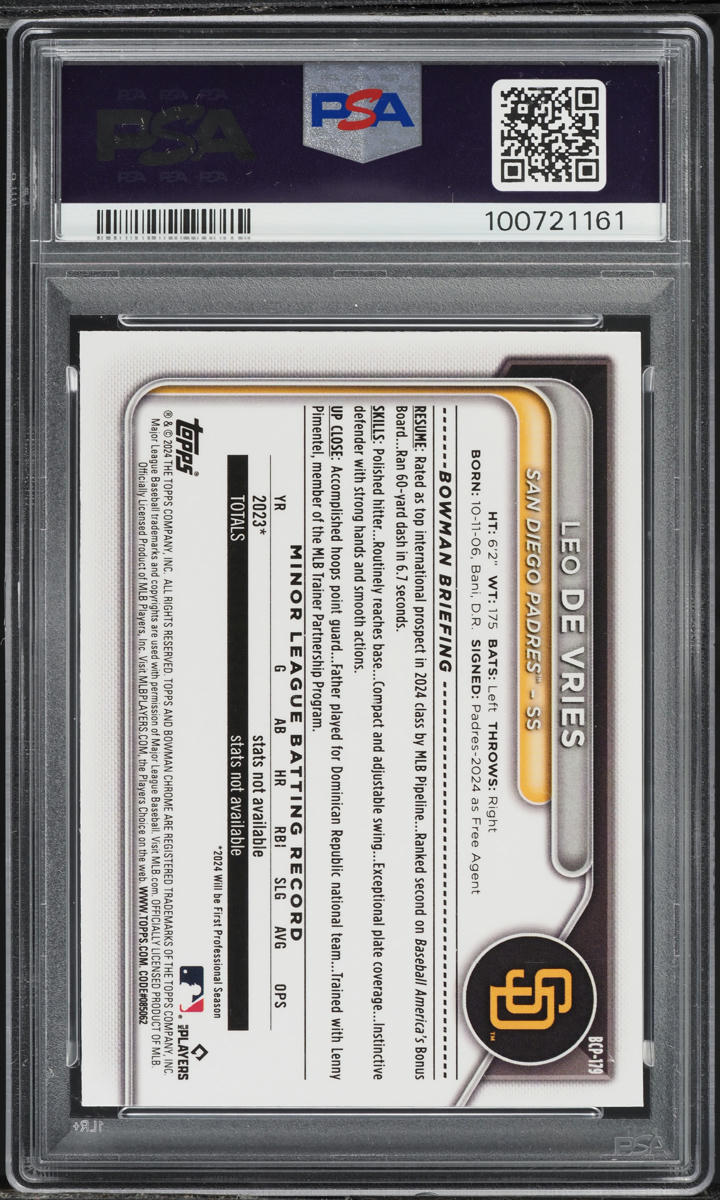 2024 Bowman Chrome Purple Refractor Leo De Vries PROSPECT /250 #BCP-179 PSA 10