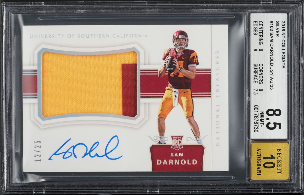 2018 National Treasures Collegiate Silver Sam Darnold RC PATCH AUTO /25 BGS 8.5