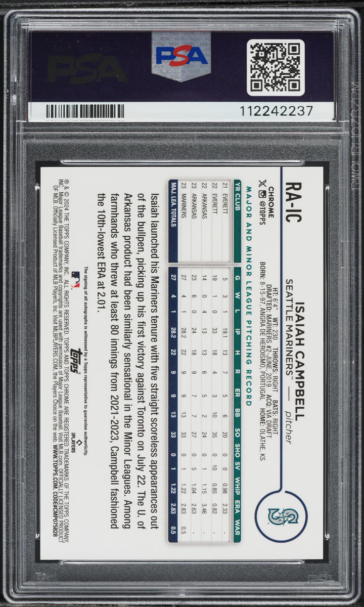 2024 Topps Chrome Red Refractor Isaiah Campbell ROOKIE AUTO /5 #RAIC PSA 8 NM-MT