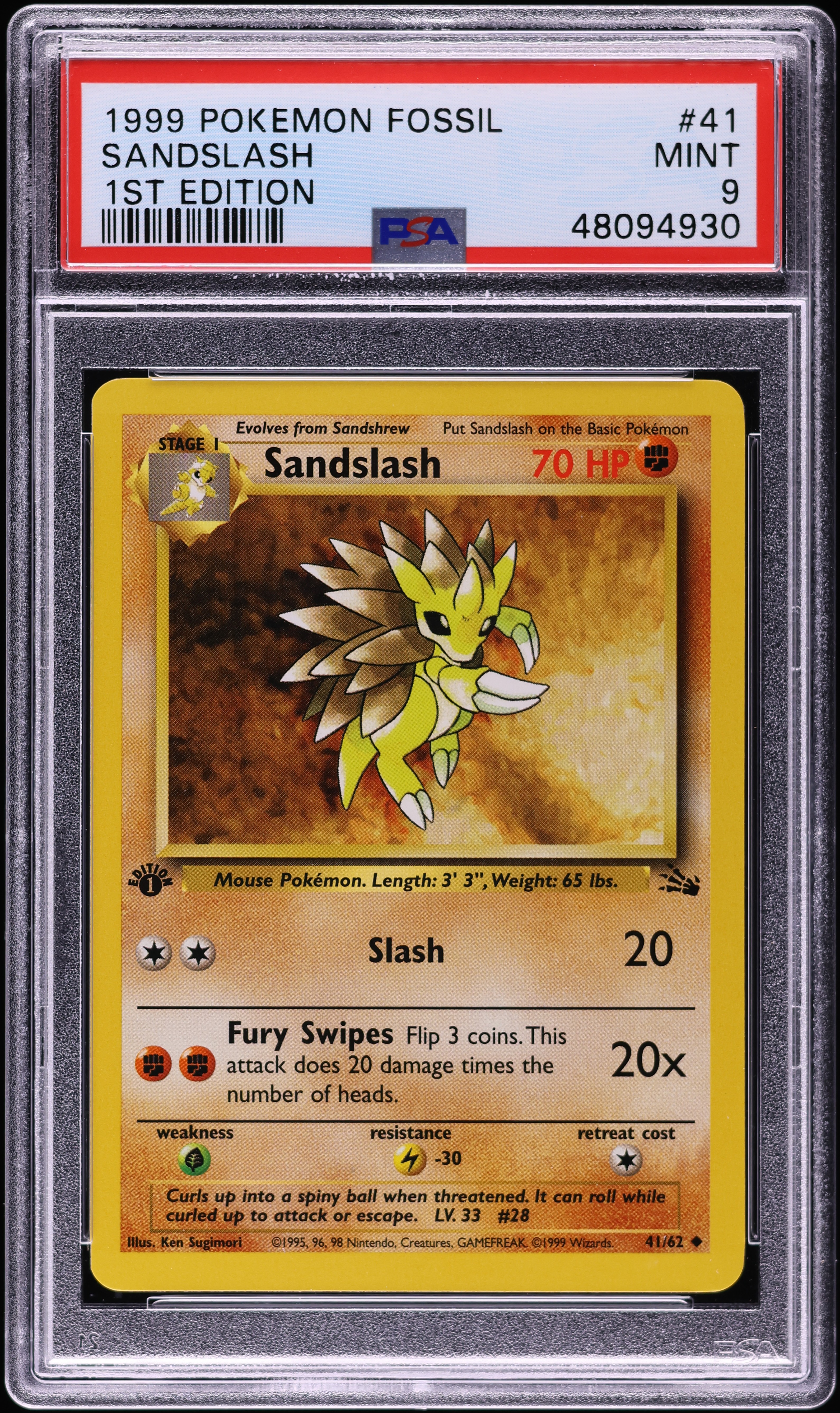 1999 Pokemon Fossil 1st Edition Sandslash #41 PSA 9 MINT on