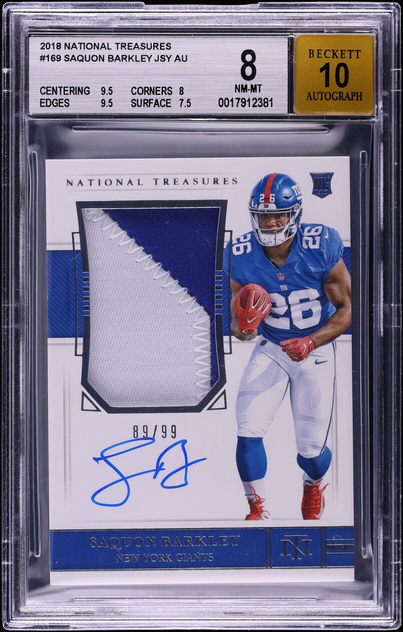 2018 National Treasures Saquon Barkley ROOKIE PATCH AUTO /99 #169 BGS 8 NM-MT
