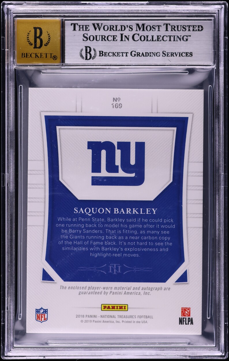 2018 National Treasures Saquon Barkley ROOKIE PATCH AUTO /99 #169 BGS 8 NM-MT