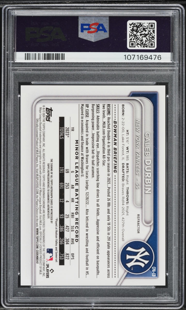 2024 Bowman Chrome Refractor Caleb Durbin PROSPECT AUTO /499 PSA 10 GEM MINT