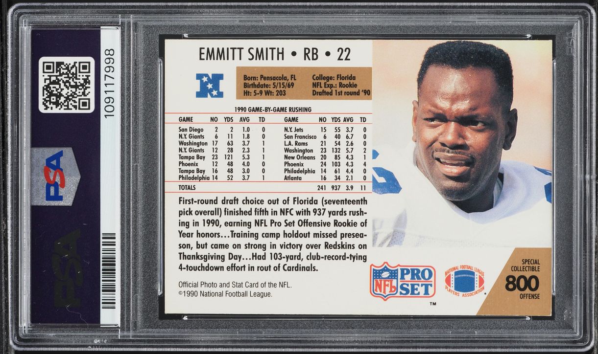1990 Pro Set Offensive R.O.Y. Emmitt Smith ROOKIE #800 PSA 7 NRMT