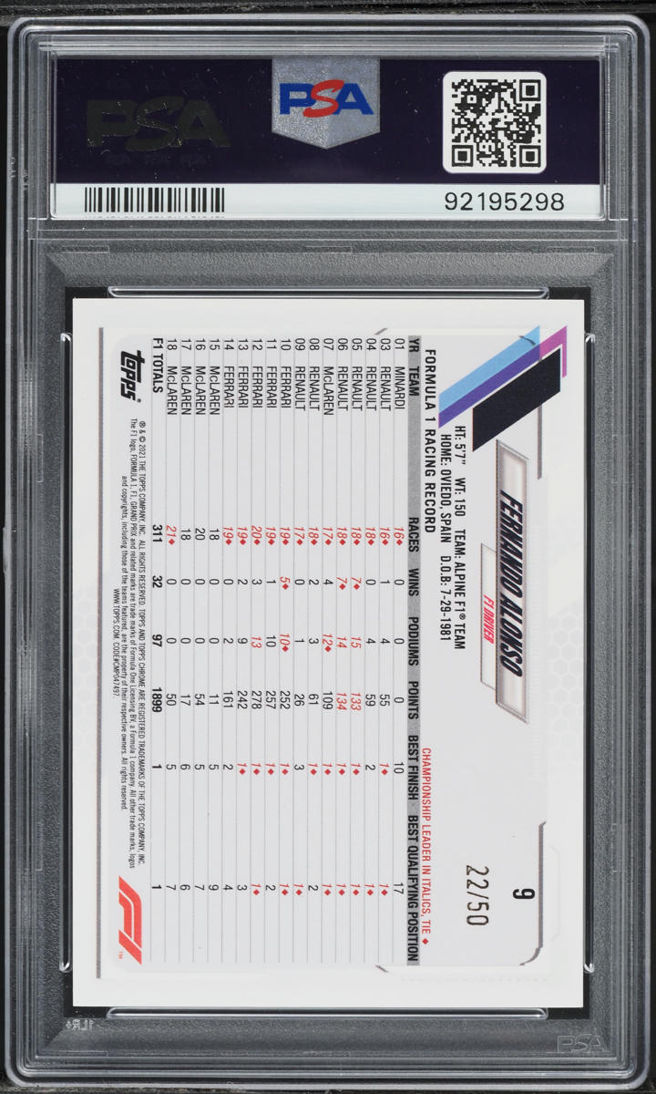 2021 Topps Chrome Formula 1 F1 Gold Refractor Fernando Alonso /50 #9 PSA 10 GEM