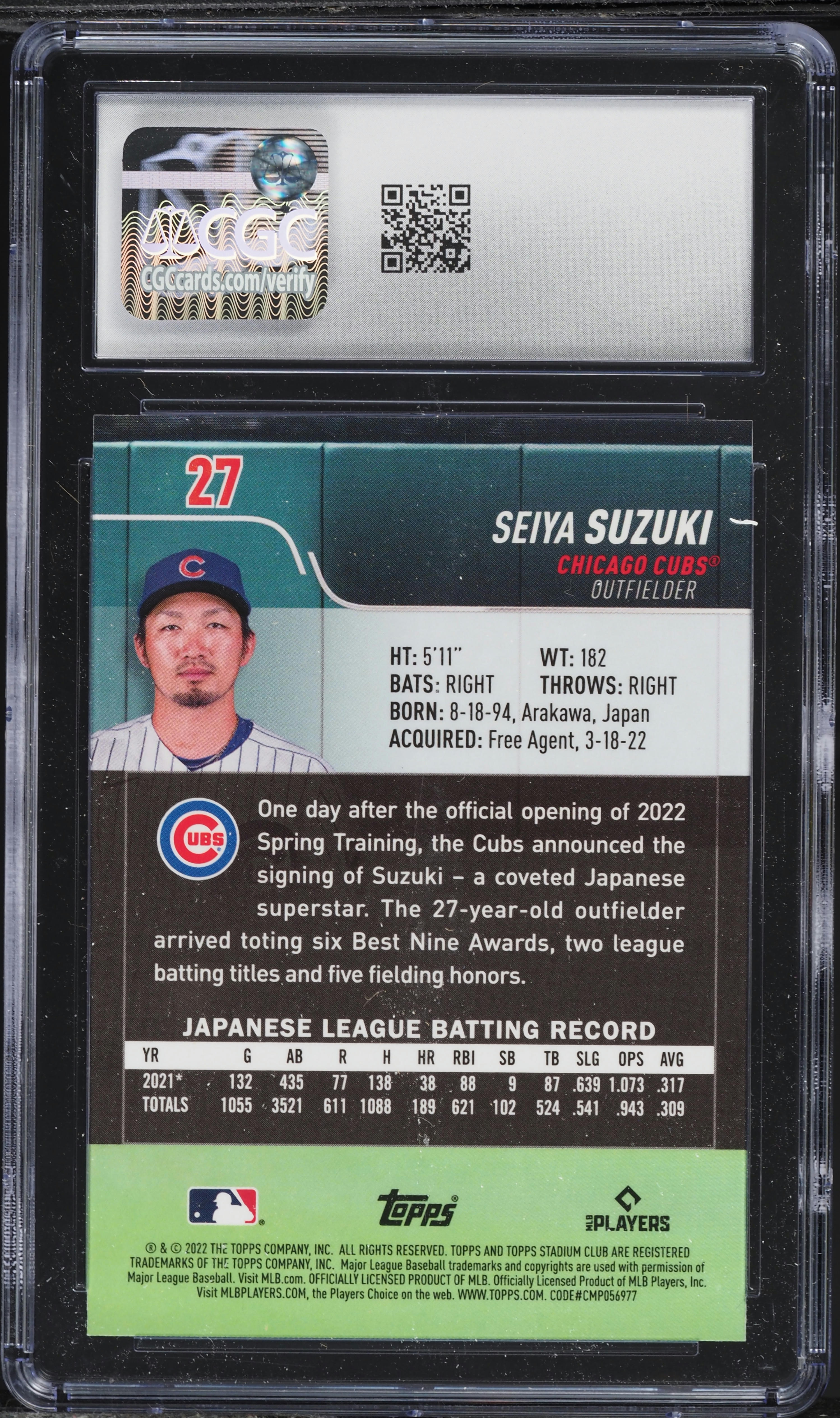 2022 Stadium Club Chrome Xfractor Seiya Suzuki ROOKIE #27 CGC 10