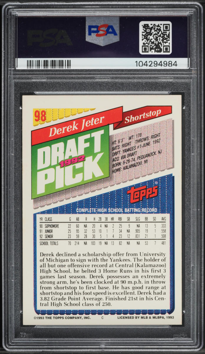 1993 Topps Derek Jeter ROOKIE #98 PSA 7 NRMT on Fanatics Collect