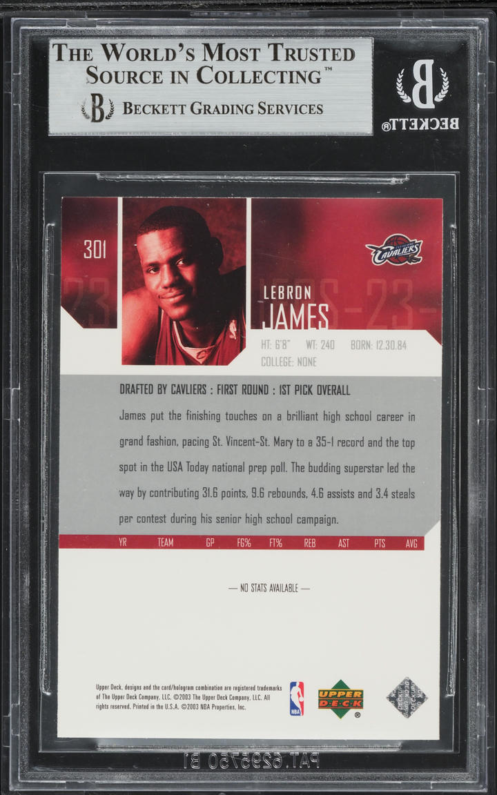 2003 Upper Deck Basketball LeBron James ROOKIE #301 BGS 8.5 NM-MT+