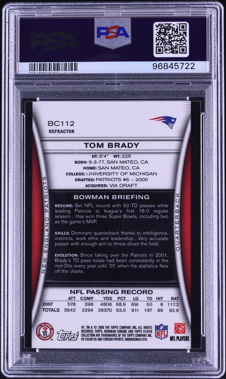 2008 Bowman Chrome Refractor Tom Brady #BC112 PSA 10 GEM MINT