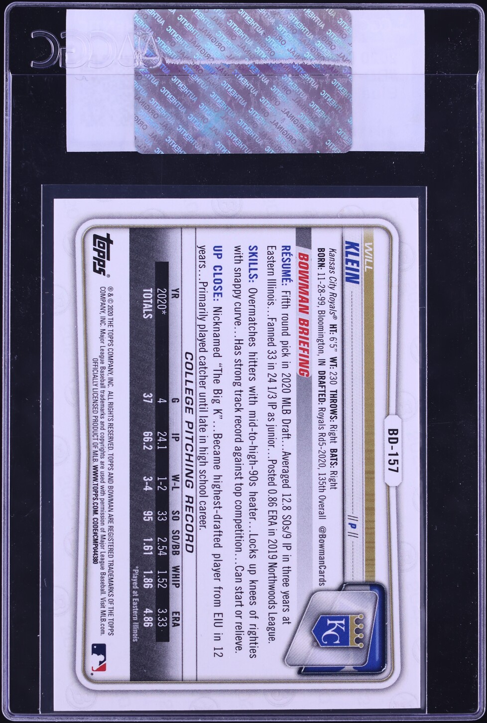 2020 Bowman Draft 1st Edition Blue Will Klein PROSPECT /150 #BD-157 CGC AUTH