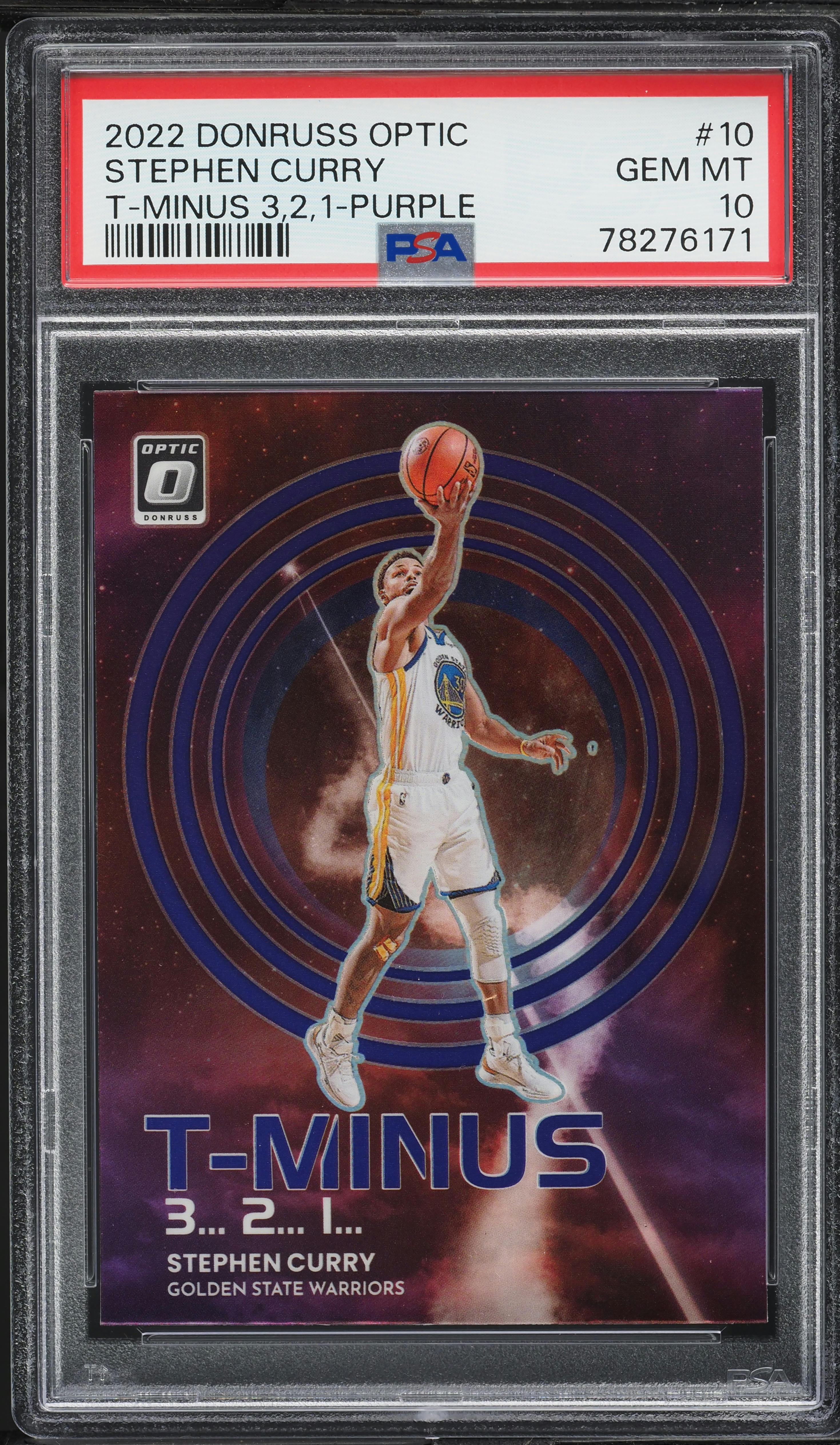 2022 Donruss Optic T-Minus 3, 2, 1 Purple Stephen Curry #10 PSA 10
