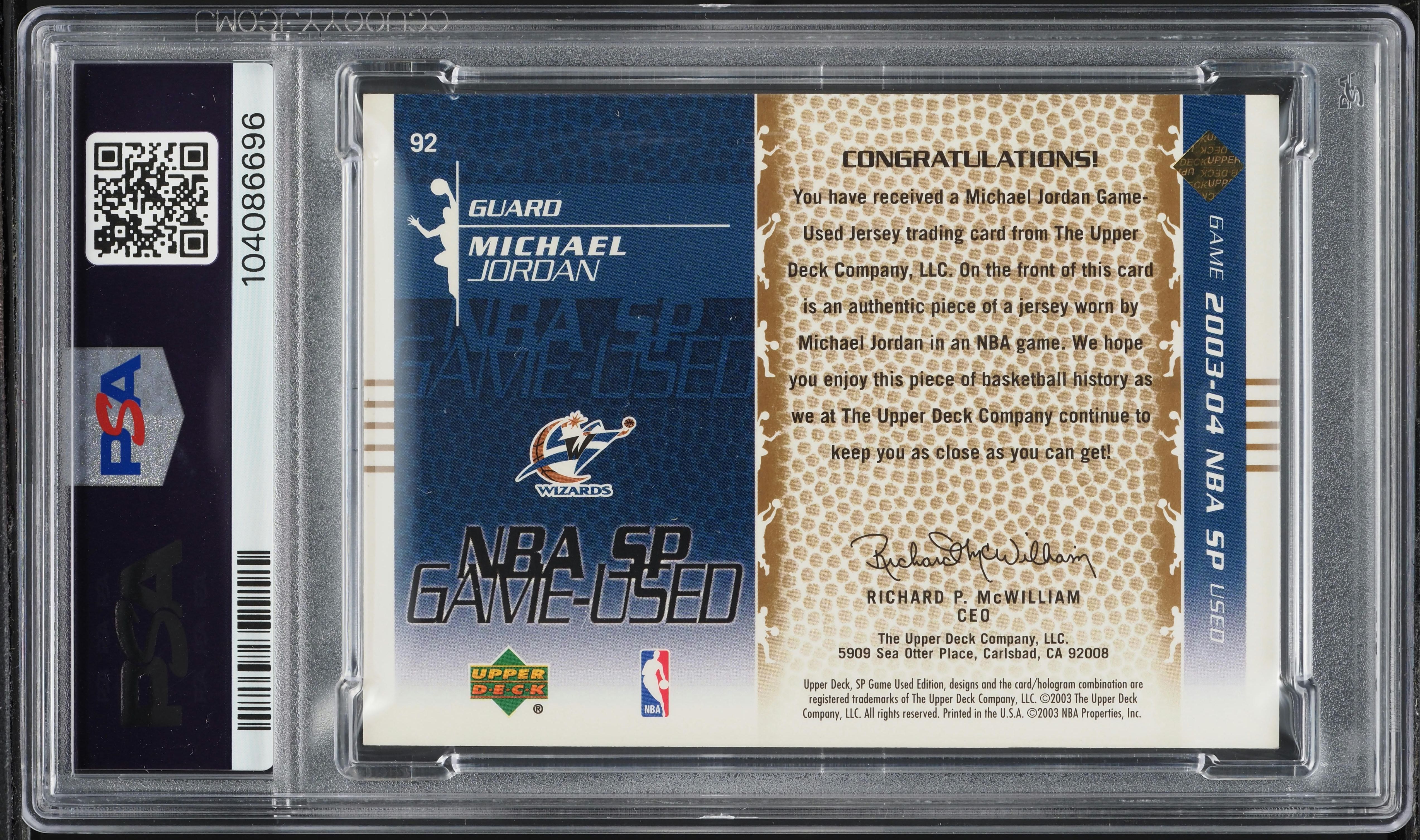 2003 SP Game Used Jersey Gold Michael Jordan PATCH 100/100 #92 PSA