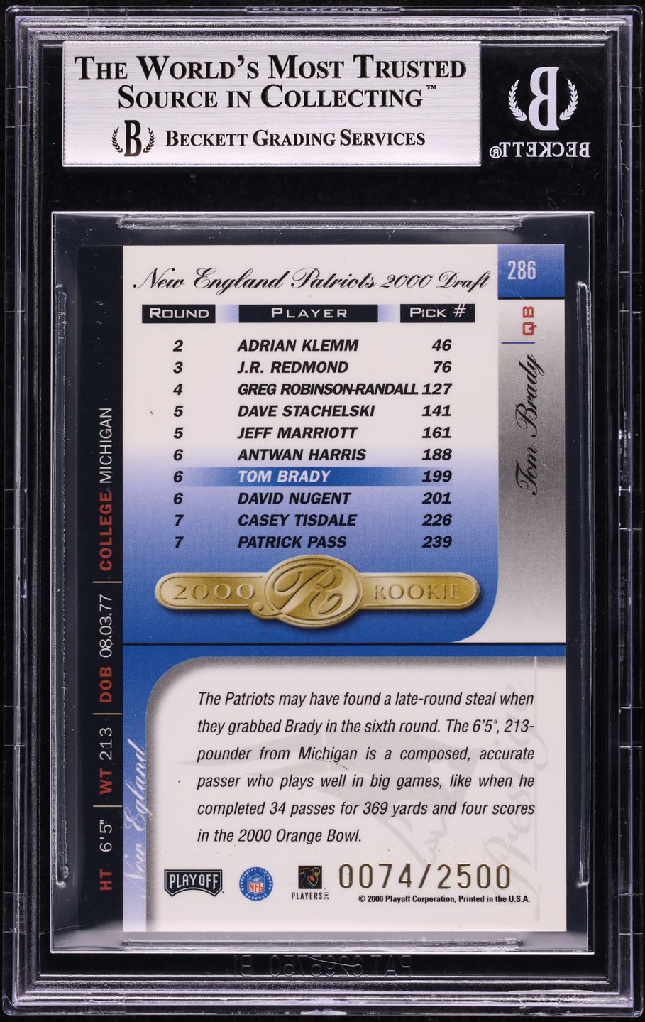 2000 Playoff Prestige Tom Brady ROOKIE /2500 #286 BGS 8.5 NM-MT+