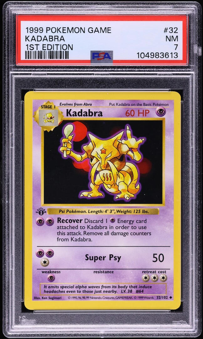 1999 Pokemon Base Set Shadowless 1st Edition Kadabra #32 PSA 7 NRMT