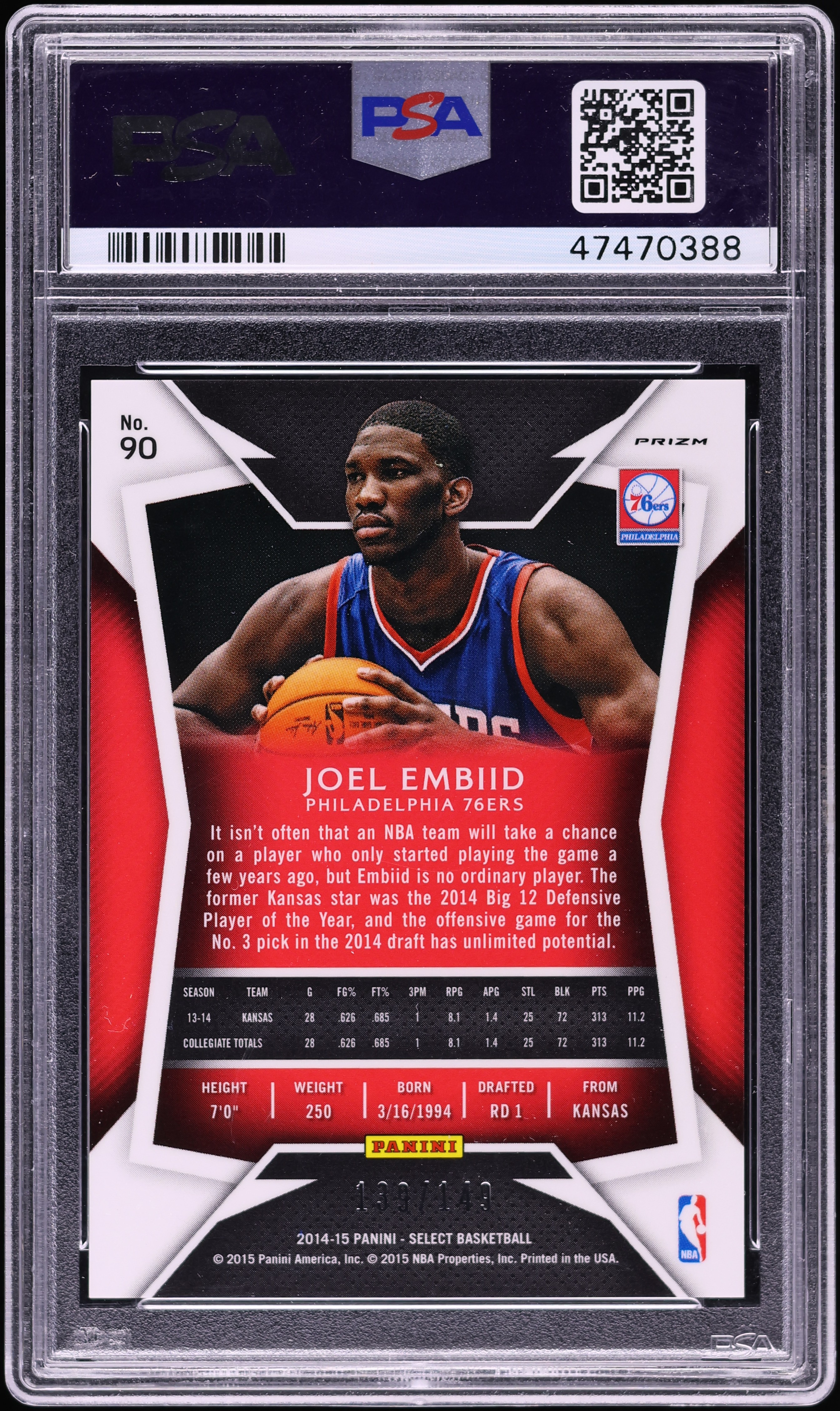 2014 Select Red Prizm Joel Embiid ROOKIE /149 #90 PSA 10 GEM MINT