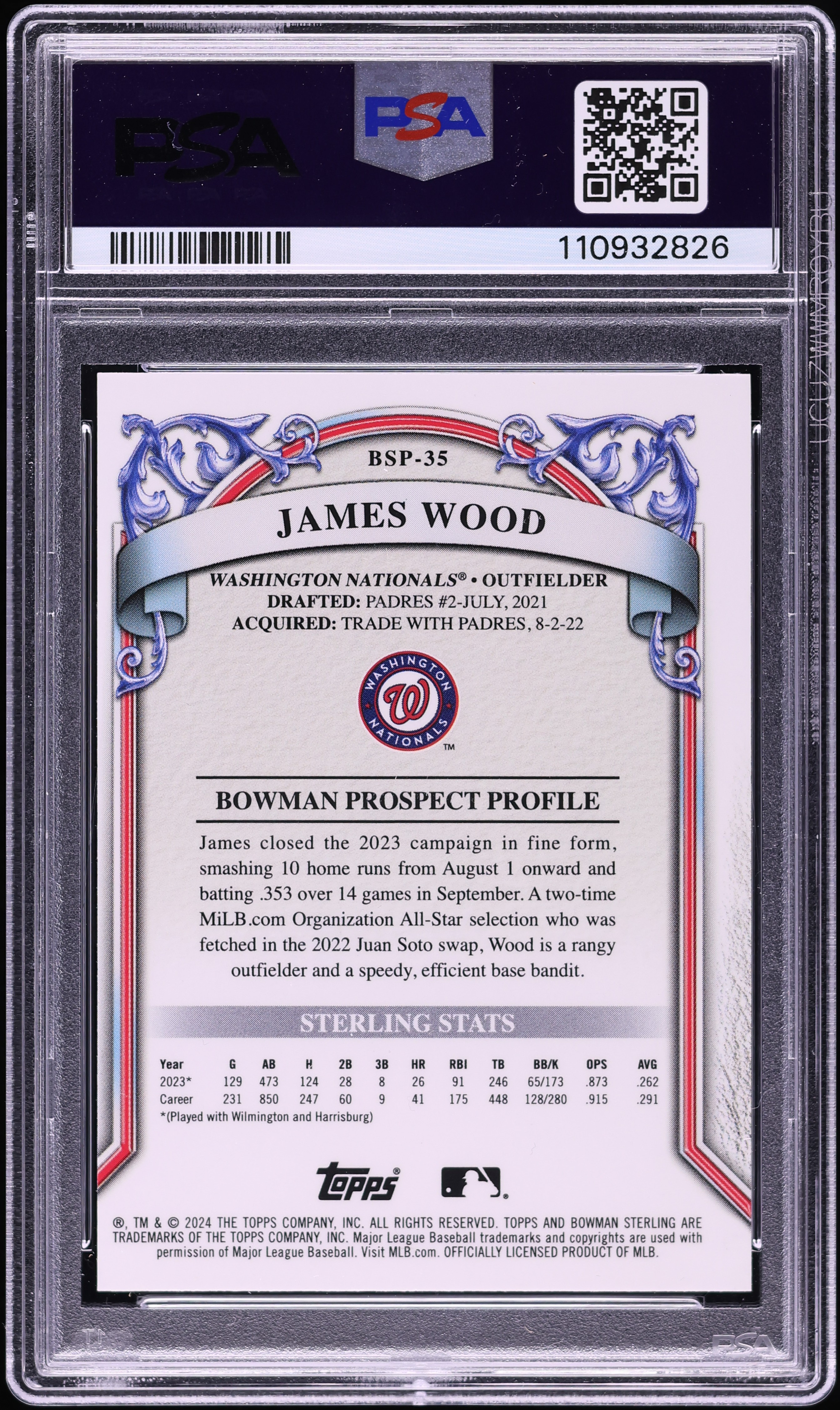 2024 Bowman Sterling James Wood PROSPECT #BSP35 PSA 9 MINT on