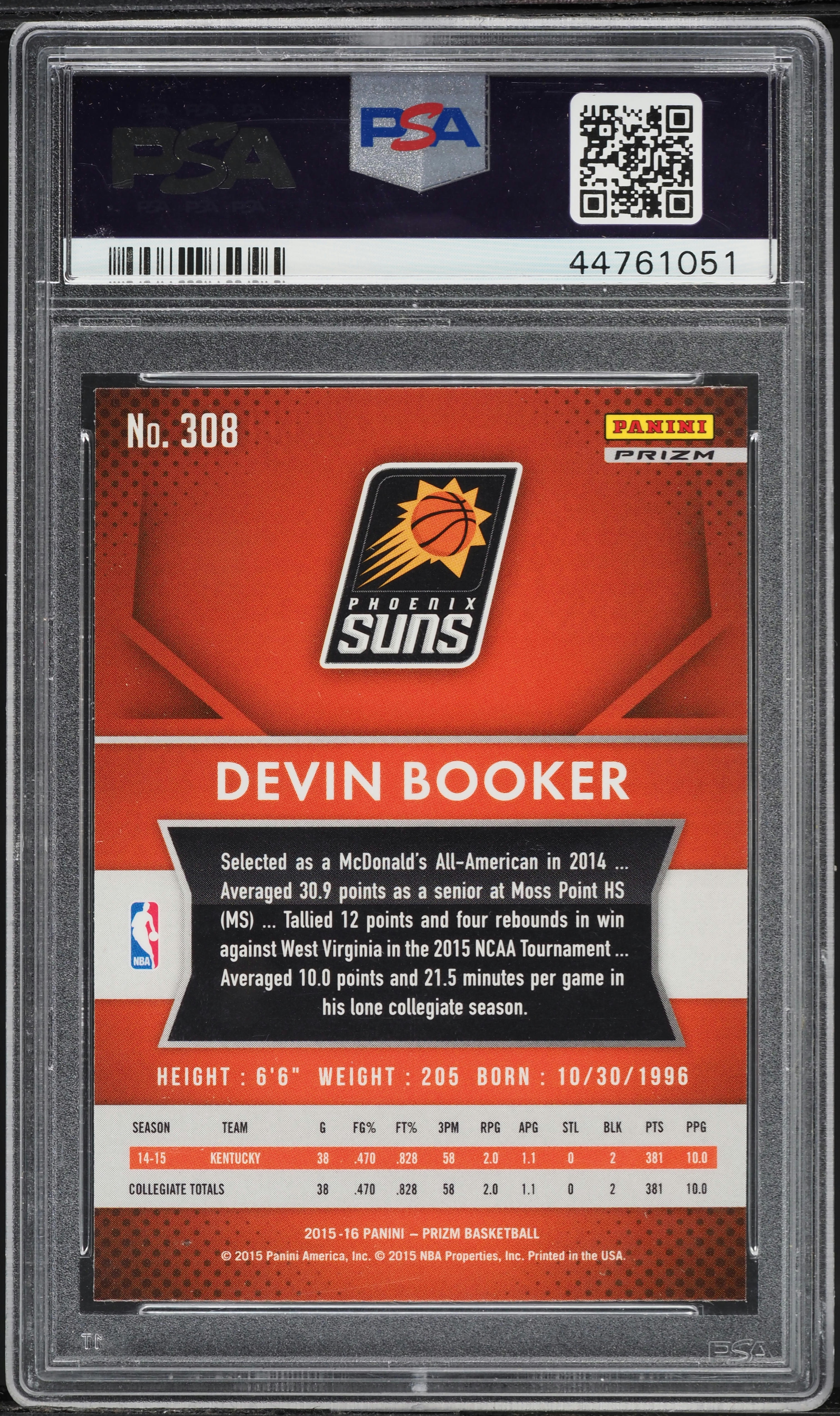 2015 Panini Prizm Red White Blue Devin Booker ROOKIE #308 PSA 10