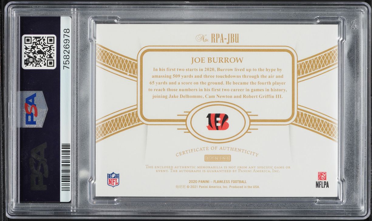 2020 Panini Flawless Ruby Joe Burrow ROOKIE PATCH AUTO /15 #RPAJBU PSA 8 NM-MT