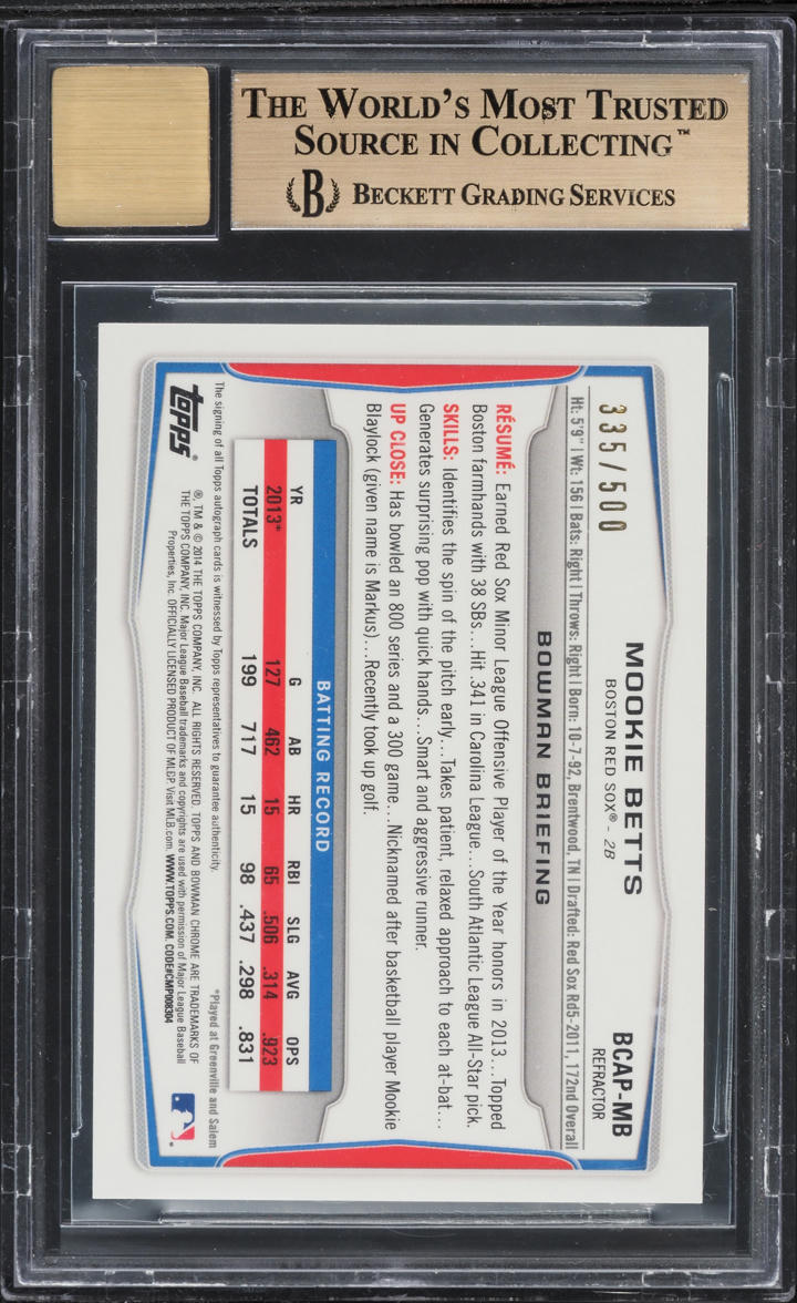 2014 Bowman Chrome Refractor Mookie Betts PROSPECT AUTO /500 #BCAP-MB BGS 9.5