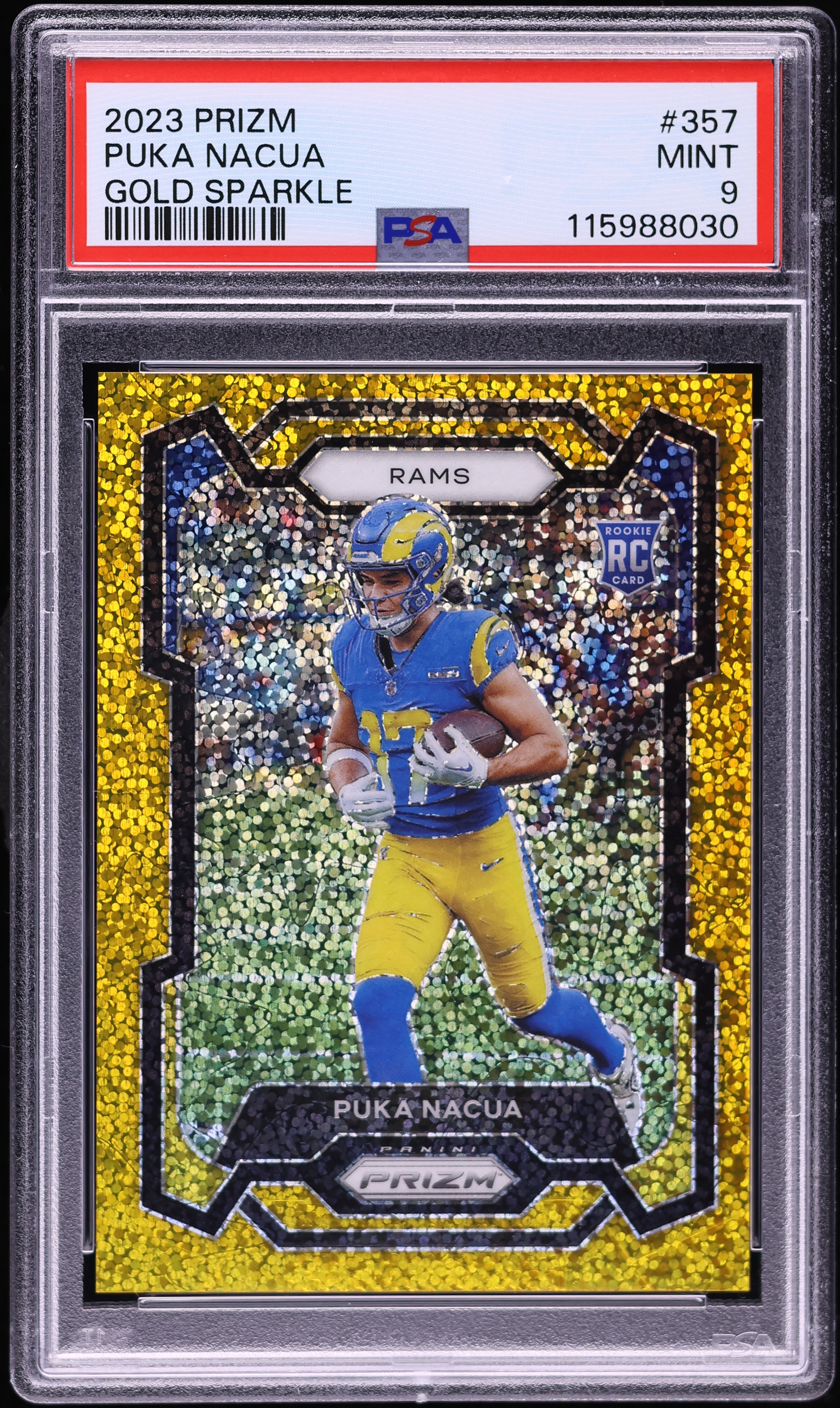 2023 Panini Prizm Gold Sparkle Puka Nacua ROOKIE /24 #357 PSA 9