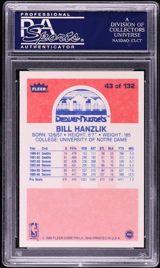1986 Fleer Basketball Bill Hanzlik #43 PSA 10 GEM MINT