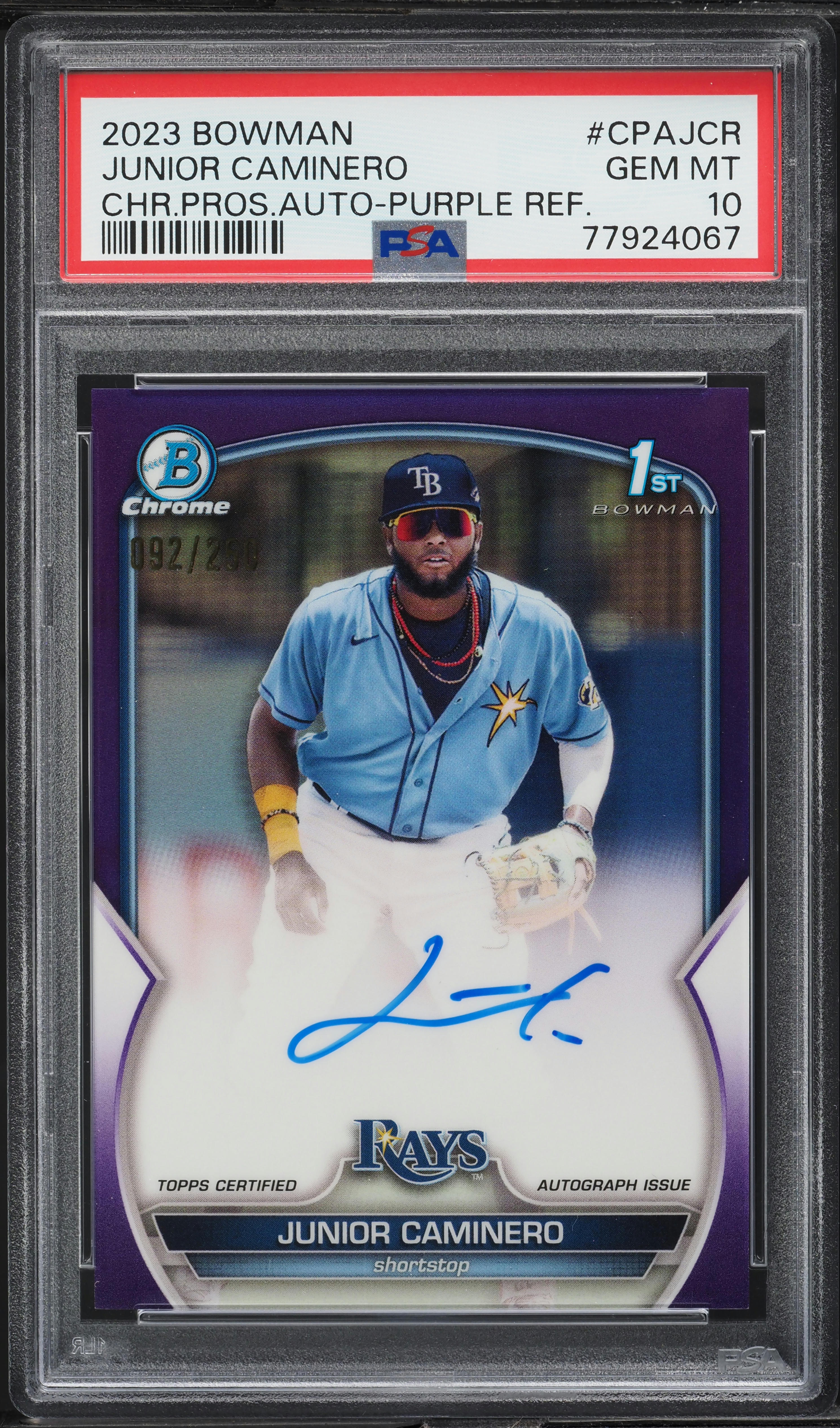 2023 Bowman Chrome Purple Refractor Junior Caminero PROSPECT AUTO