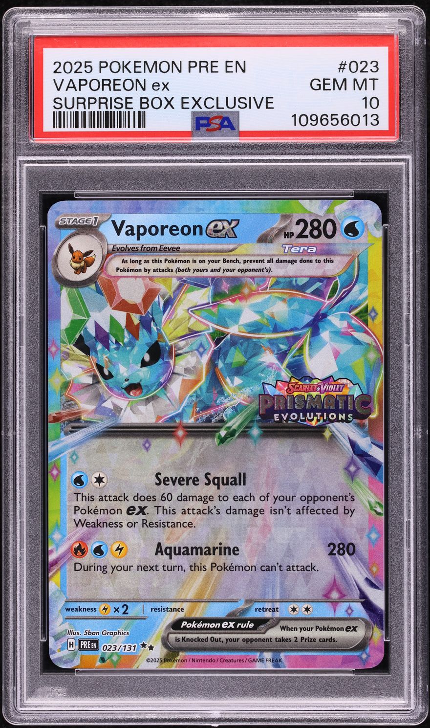 pokemon cards vaporeon ex 2025 SV Prismatic Evolutions Surprise Box #23 PSA 10 GEM on Fanatics Collect Water / 130 / Stage 1 Attack 1 Vaporeon ex SAR | Display