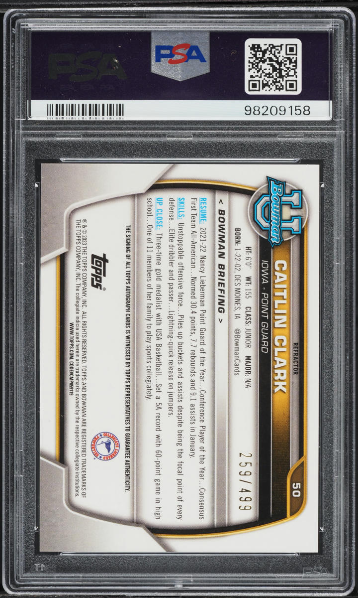 2022 Bowman University Refractor Caitlin Clark ROOKIE AUTO /499 #50 PSA 9 MINT