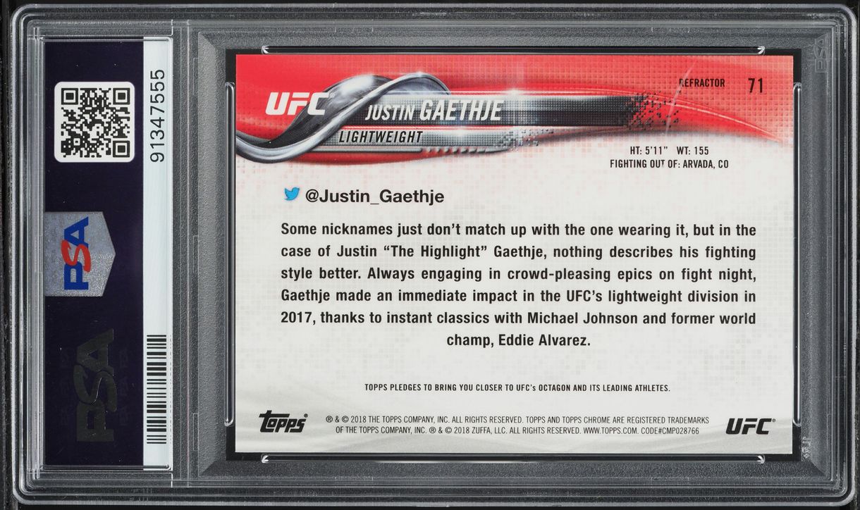 2018 Topps Chrome UFC Refractor Justin Gaethje ROOKIE #71 PSA 10 GEM MINT
