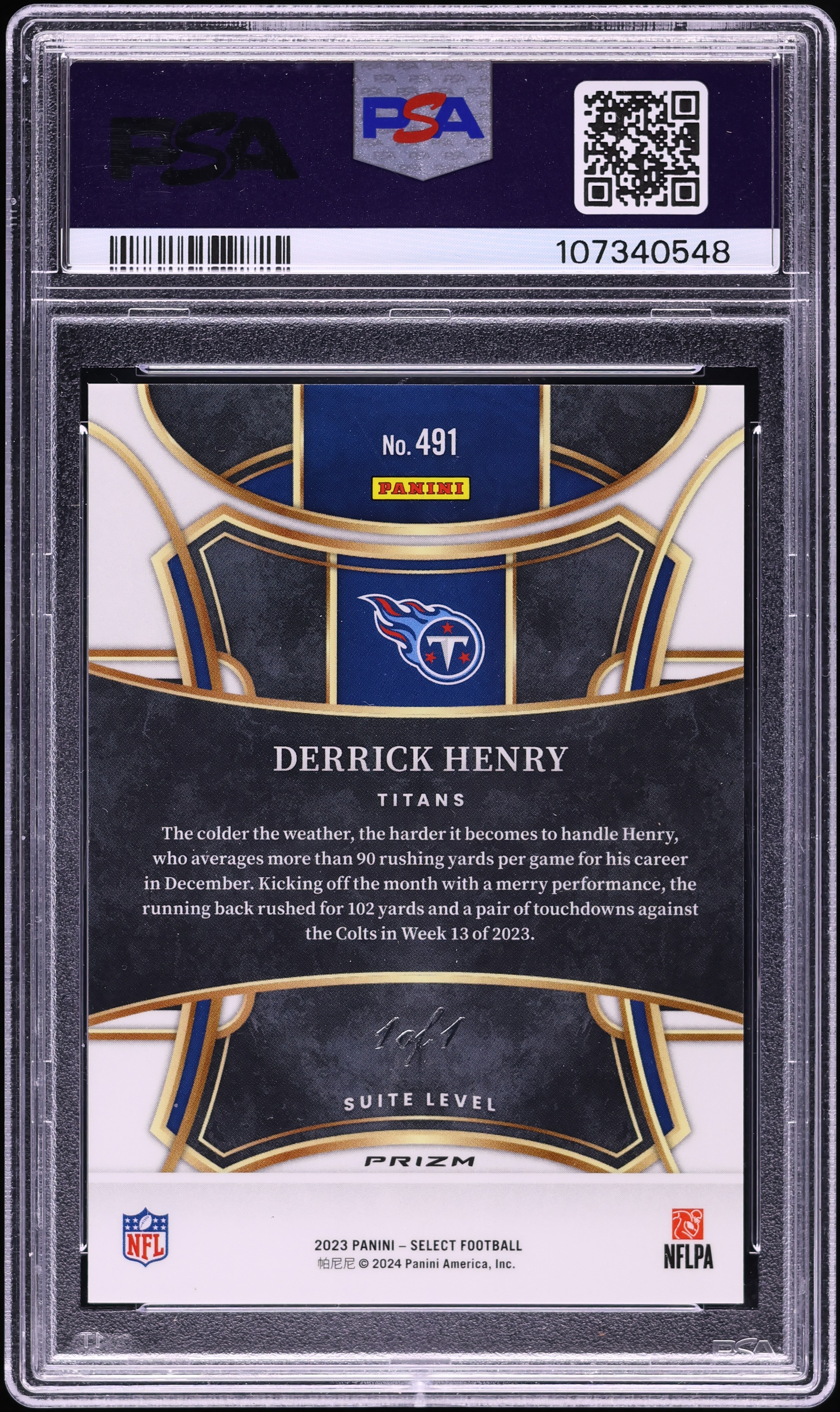 2023 Select Suite Level Black Prizm Derrick Henry 1/1 #491 PSA 10