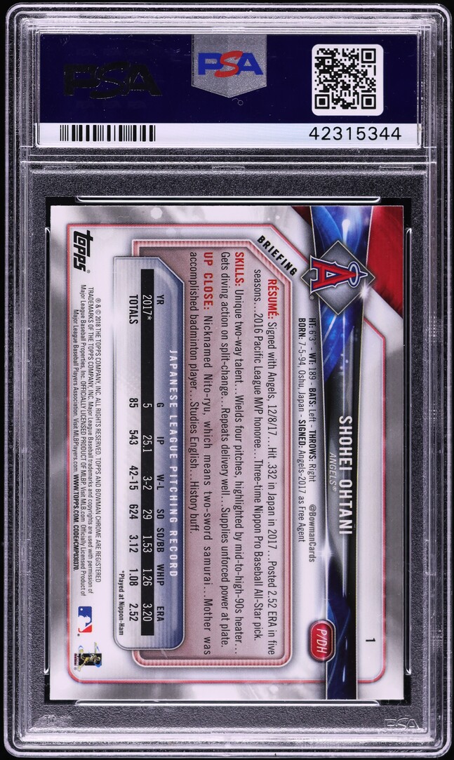 2018 Bowman Chrome Batting Shohei Ohtani ROOKIE #1 PSA 10 GEM MINT