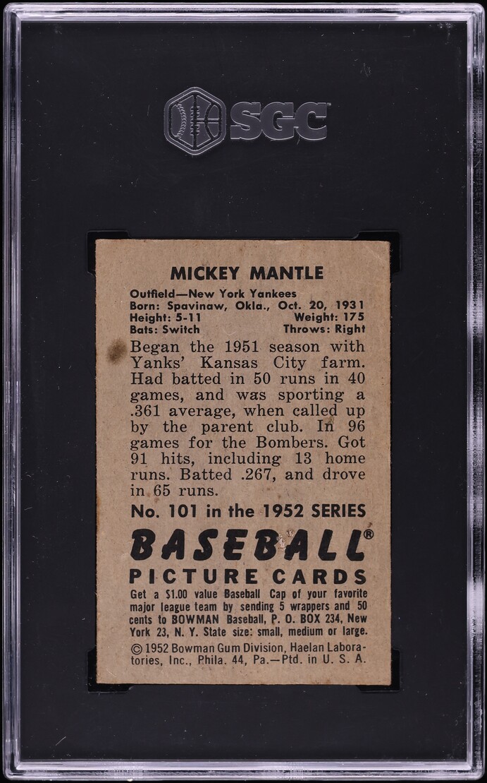 1952 Bowman Mickey Mantle #101 SGC 3 VG