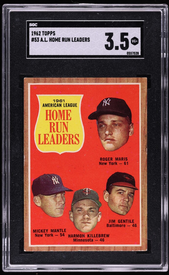 1962 Topps Mickey Mantle Roger Maris Killebrew AL HOME RUN LDRS #53 SGC 3.5 VG+