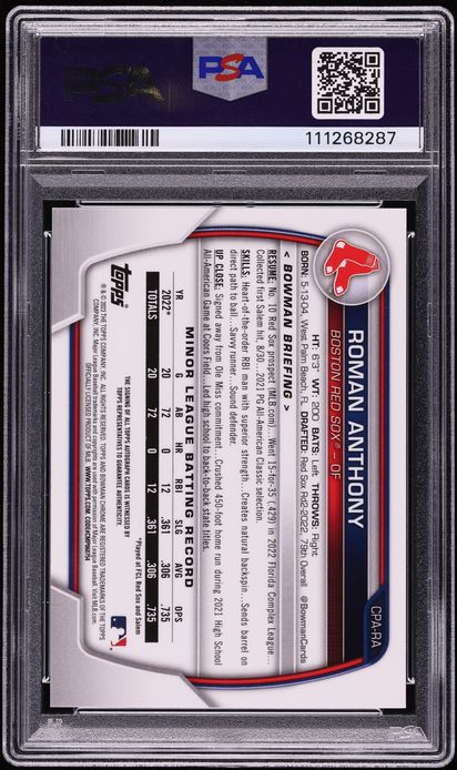 2023 Bowman Chrome Red Refractor Roman Anthony PROSPECT AUTO DNA 10 /5 #CPA-RA PSA 10 GEM MINT