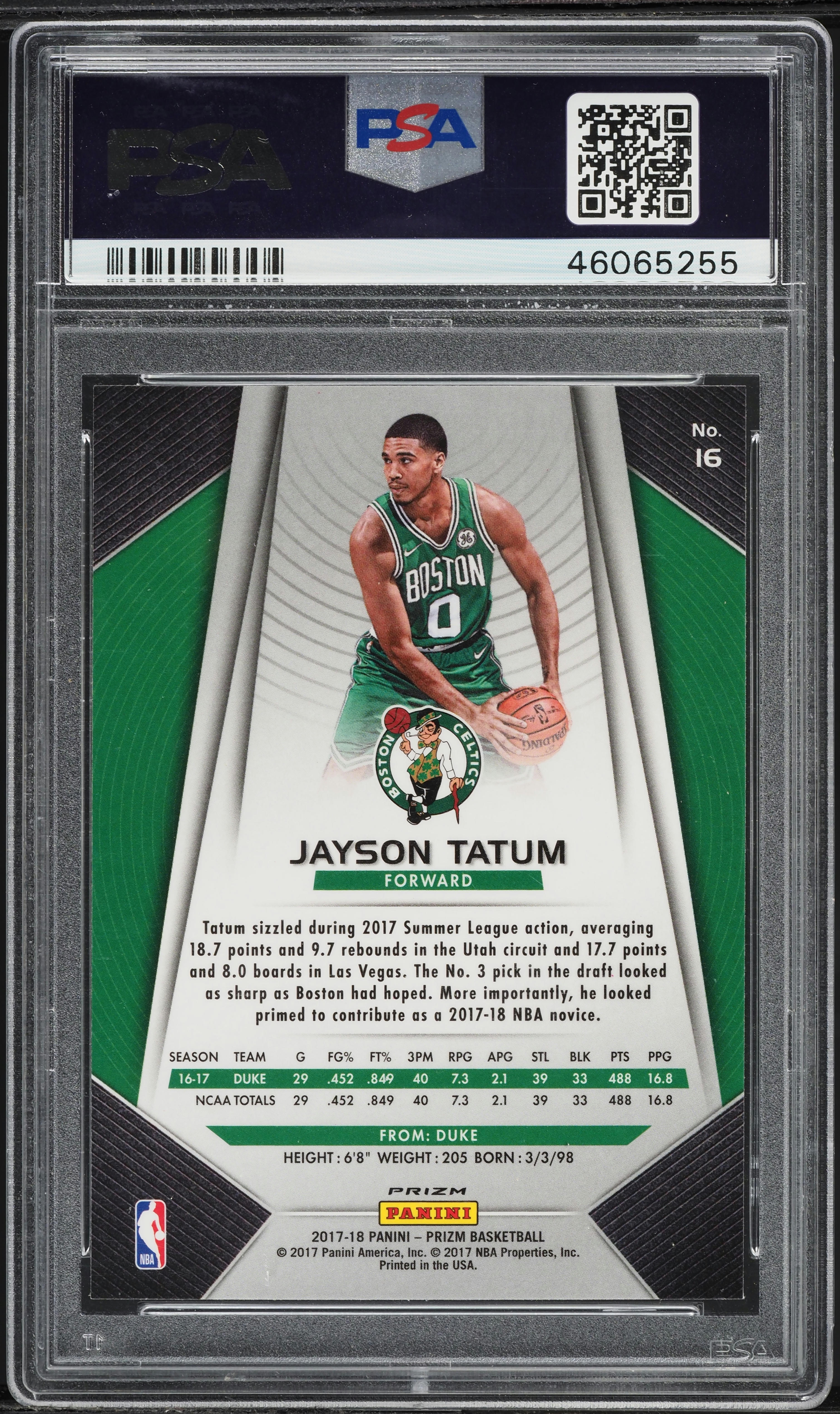 2017 Panini Prizm Silver Jayson Tatum ROOKIE #16 PSA 9 MINT on