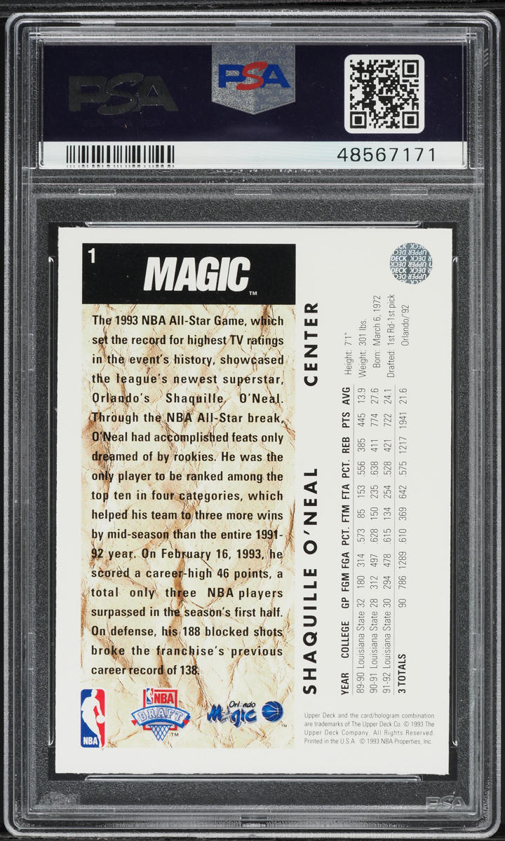 1992 Upper Deck Basketball Shaquille O'Neal ROOKIE #1 PSA 8.5 NM-MT+