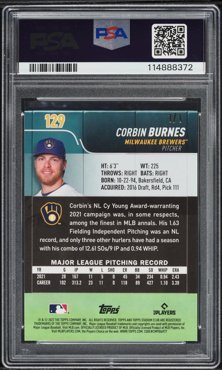2022 Stadium Club Chrome Superfractor Corbin Burnes 1/1 #129 PSA 10 GEM MINT