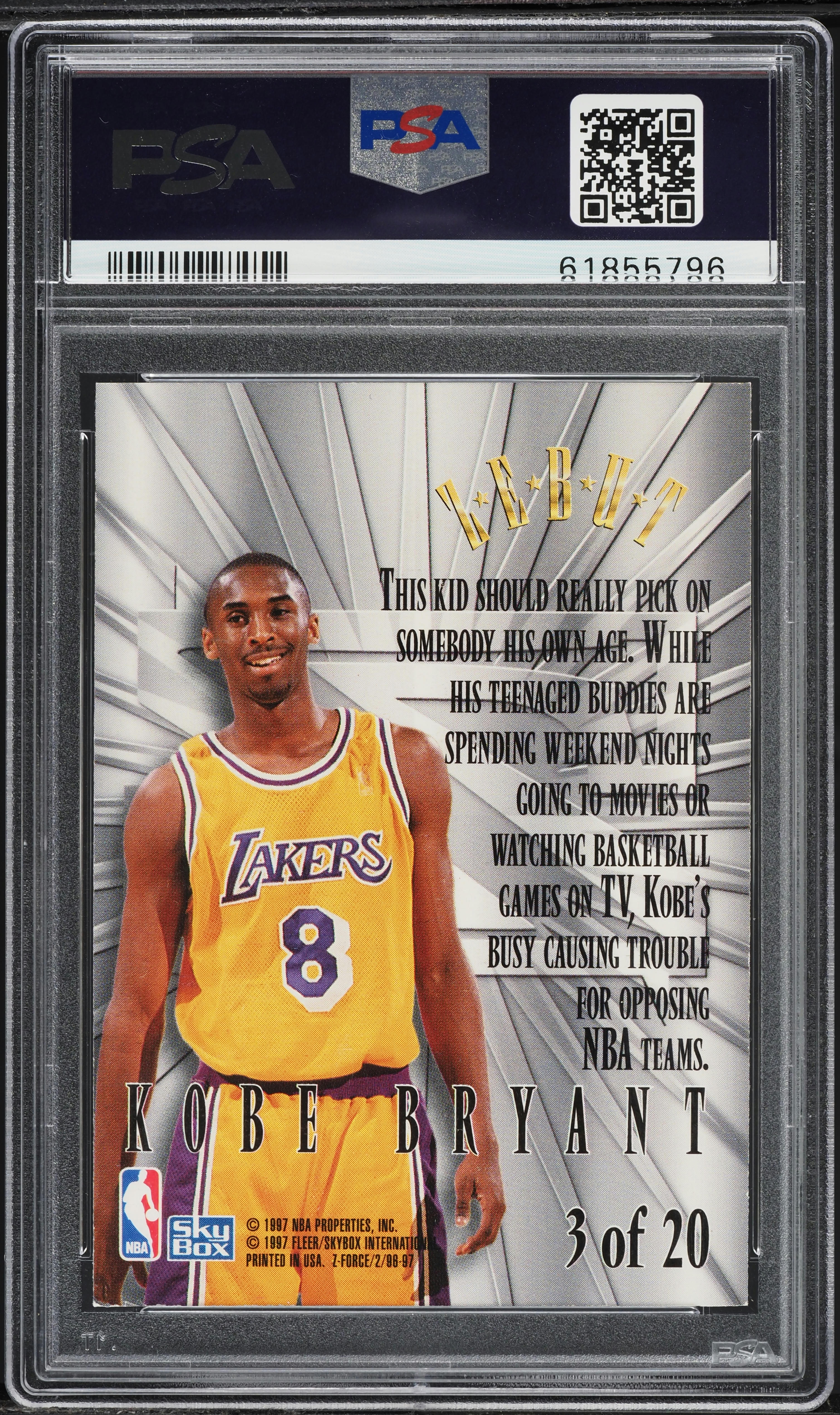 1996 Skybox Z-Force Z-Peat Zebut Kobe Bryant ROOKIE #3 PSA 8 NM-MT